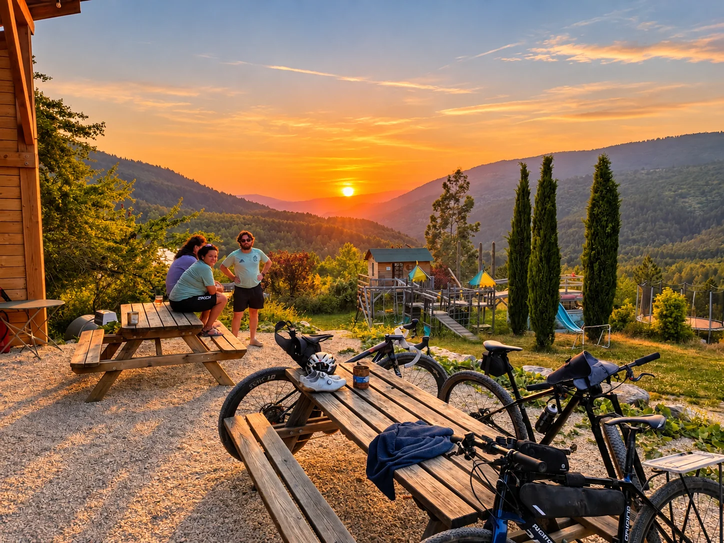 Vélos devant un hébergement au coucher du soleil lors d’un séjour vélo