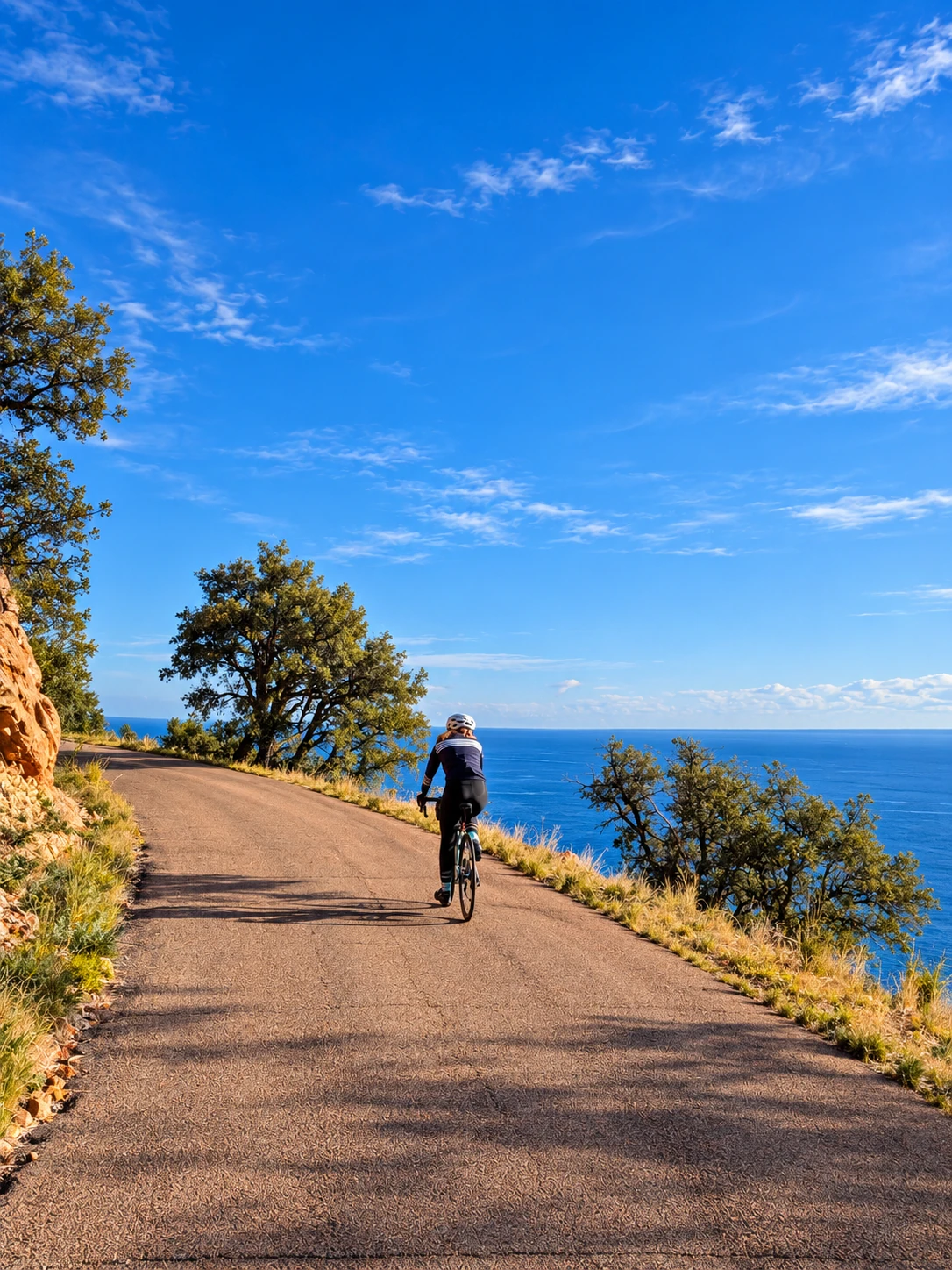 Cycliste sur une route panoramique au-dessus de la Méditerranée près de Nice